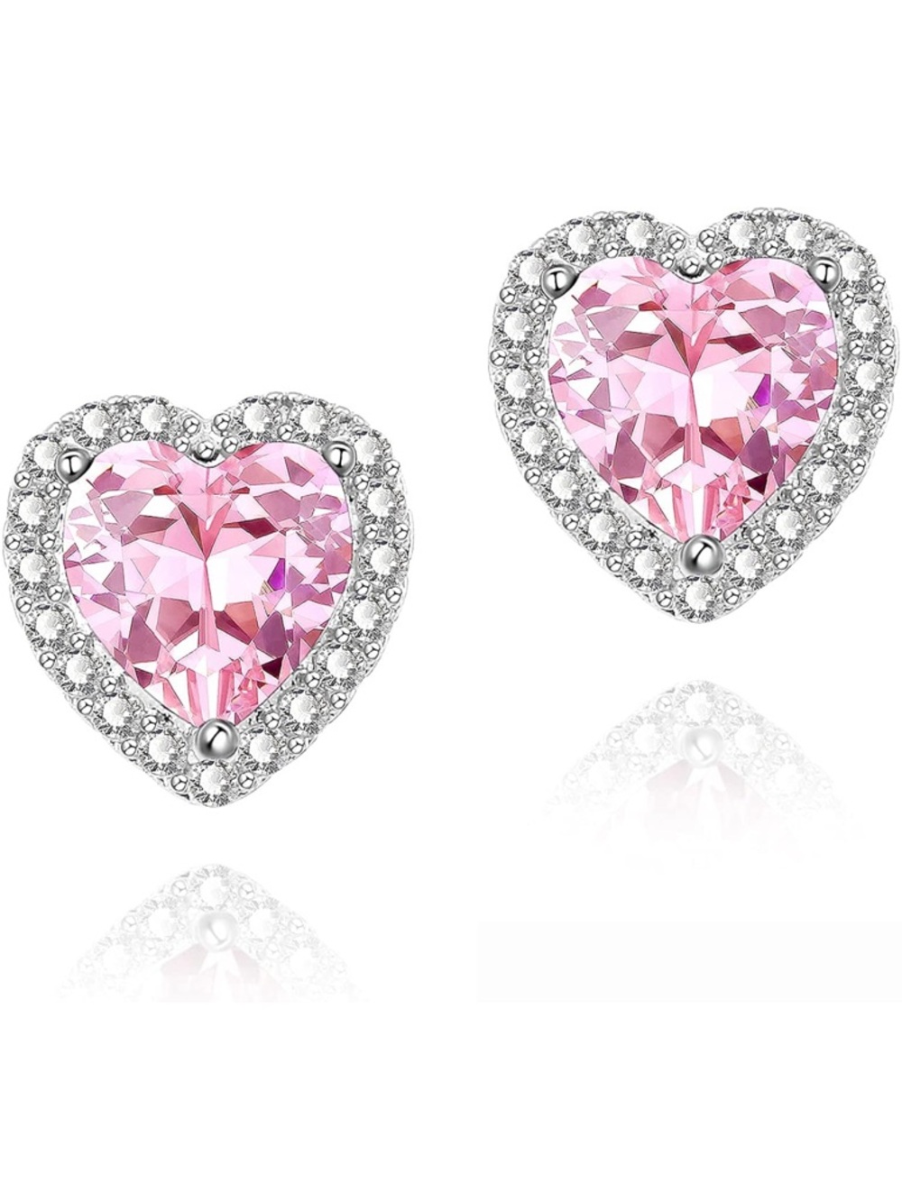 Suplight Pink Heart Crystal Stud Earrings with Clear cubic zirconia accent